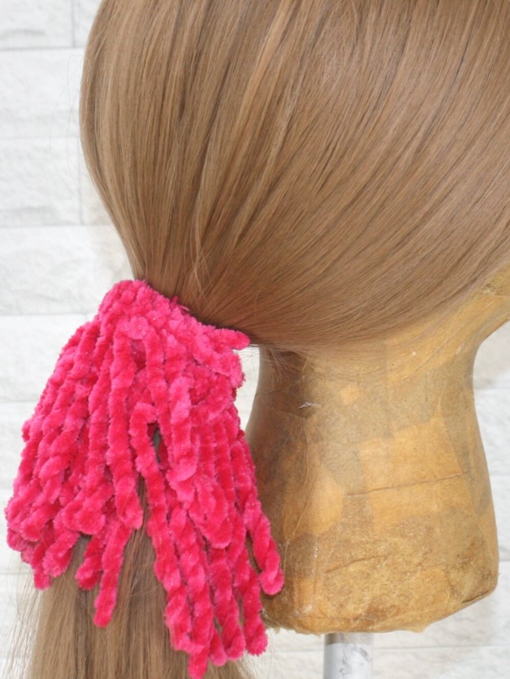 HAND CRAFTED Hair Scrunchie Fringe Crochet Kids Chenille Velvet Oversized Pink
